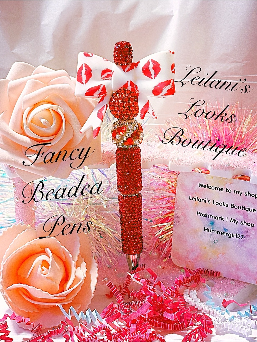 Red Beaded Bow Pen/Fancy beaded Pen/gifts/lips/jumbo bow/red beads/
